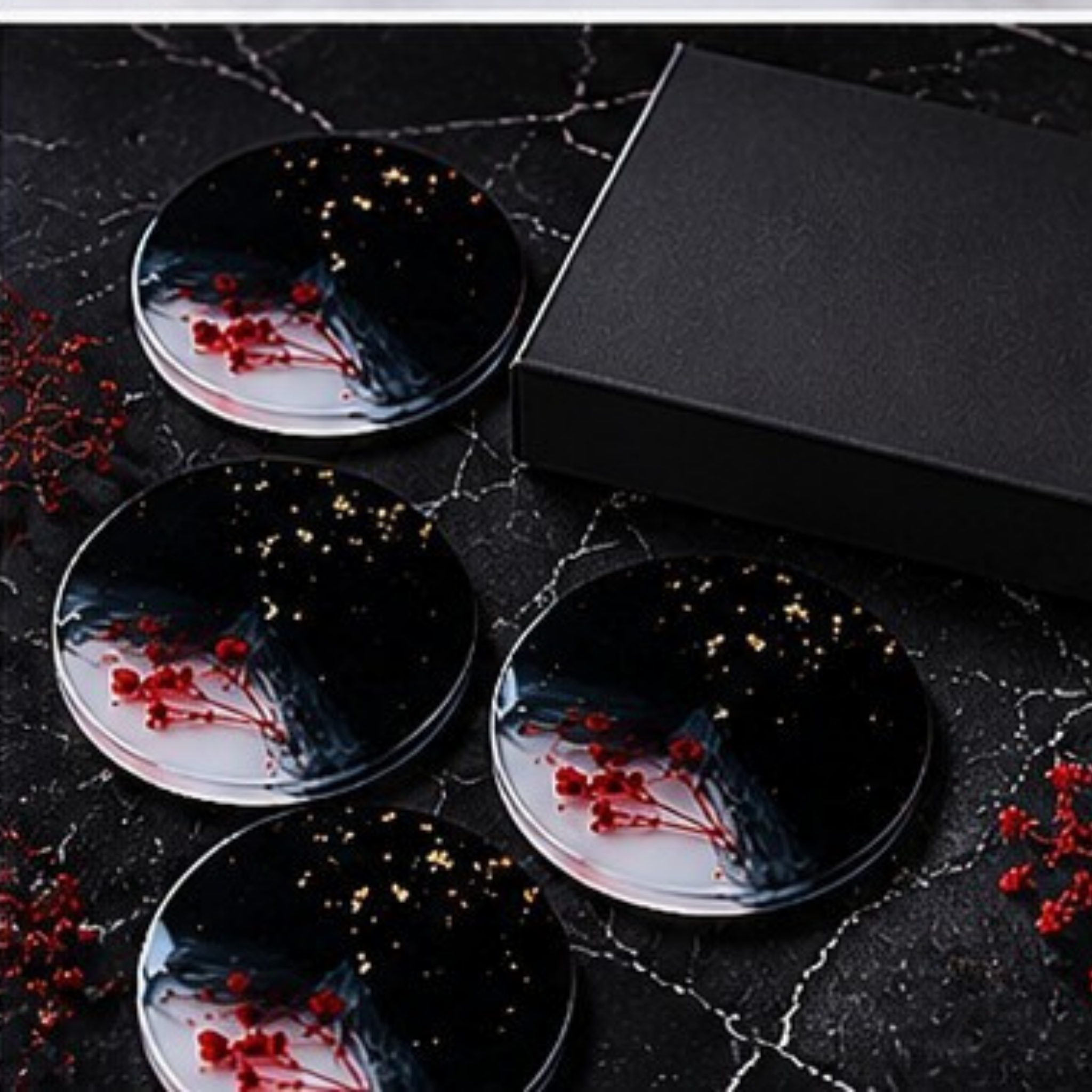 Handmade Resin Coaster Set of 4 | Black & White Abstract Coasters with Red Floral Design & Gold Foil Accents
