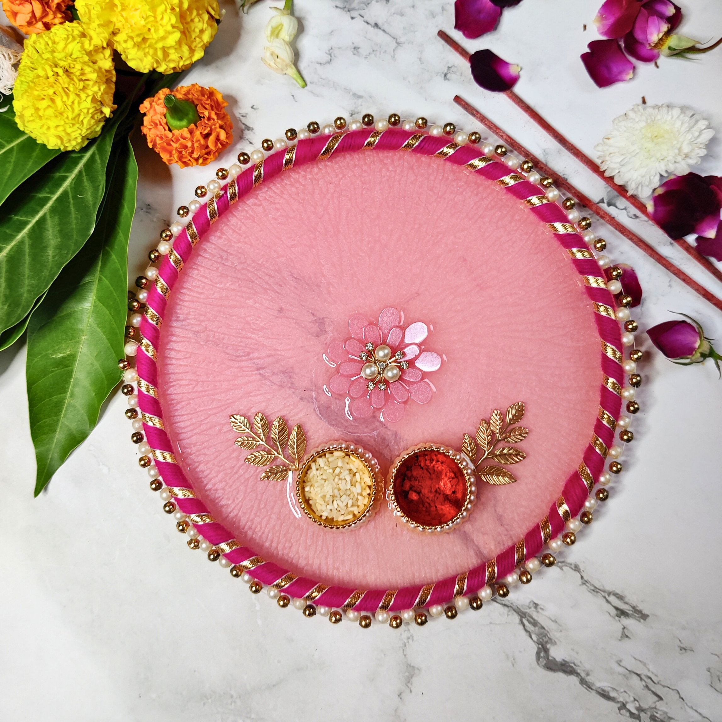 Handcrafted Pink Resin Devotional Thali