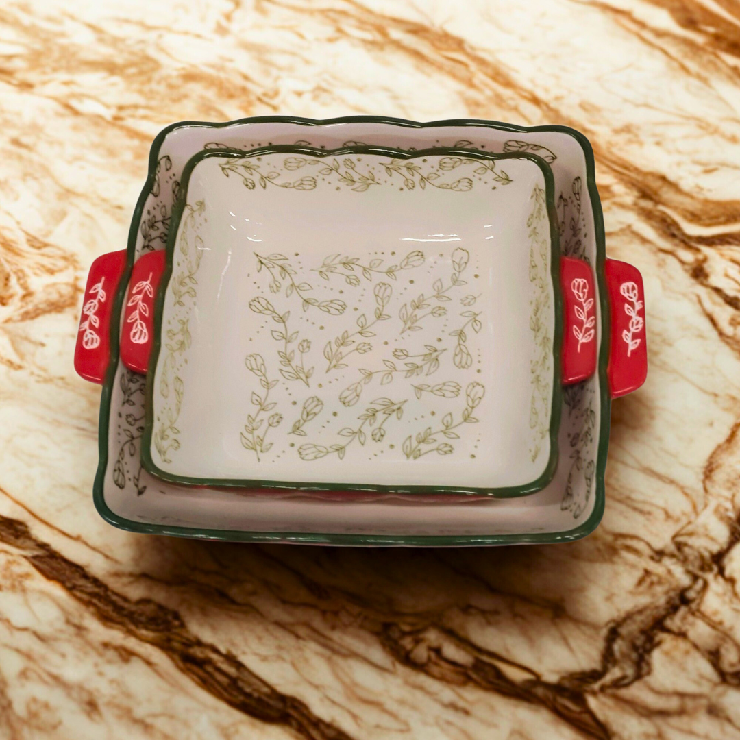 Floral Ceramic Square Baking & Serving Dish with Handles | Oven & Tableware Dish Set of 2
