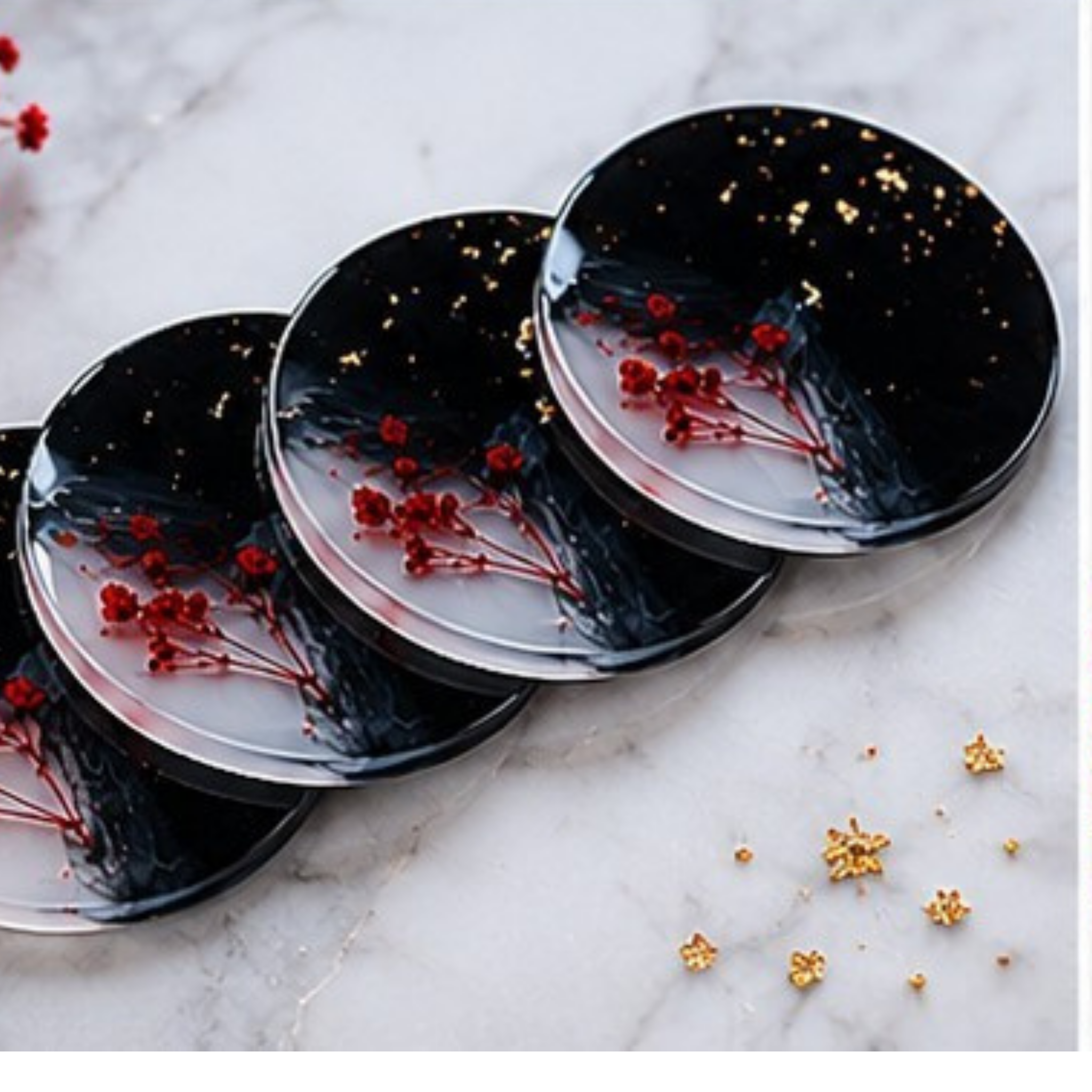 Handmade Resin Coaster Set of 4 | Black & White Abstract Coasters with Red Floral Design & Gold Foil Accents