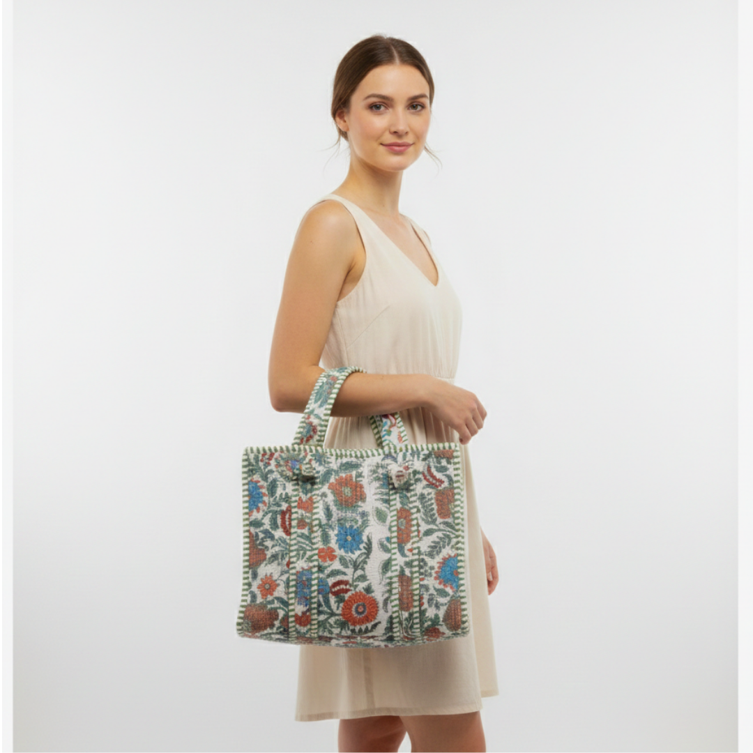 Quilted Floral Cotton Tote Bag – Multicolor Botanical Print