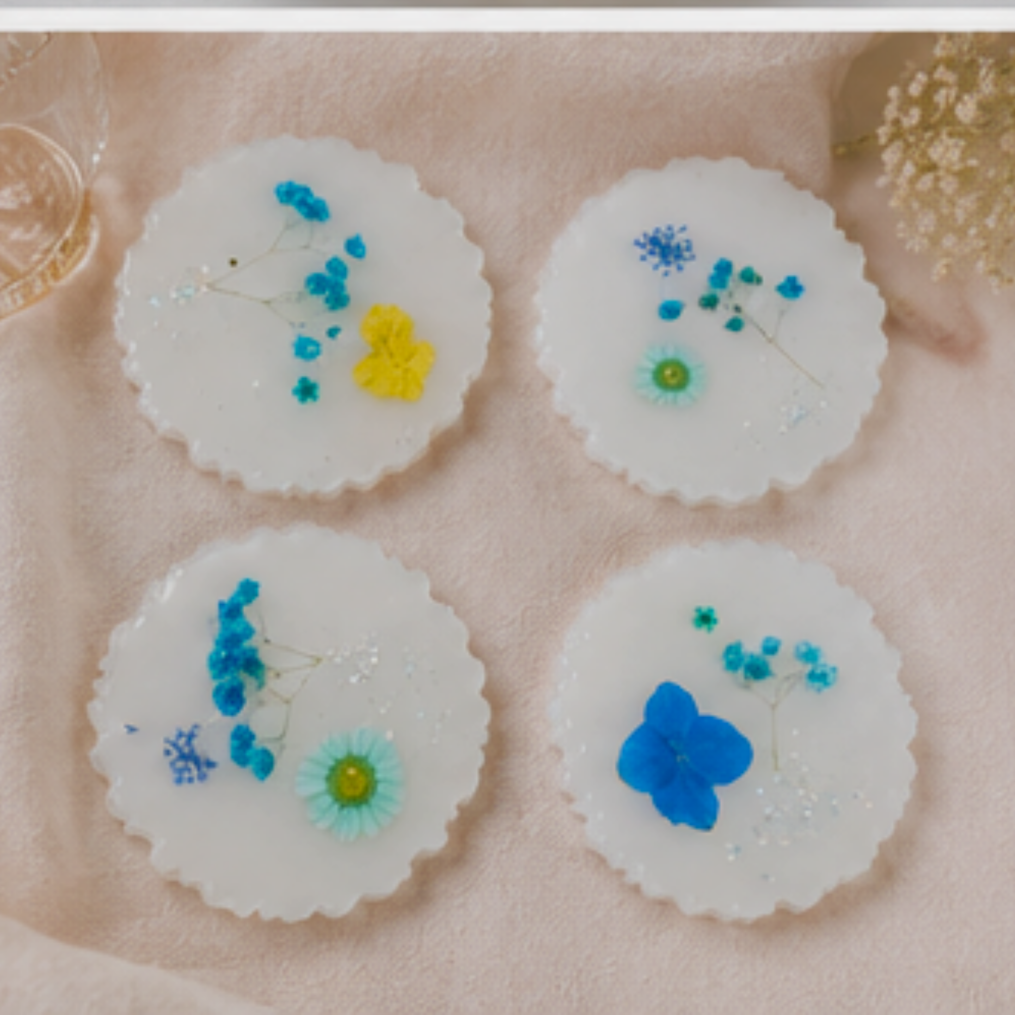 Elegant Pressed Flower & White Resin Coaster Set (4-Piece)