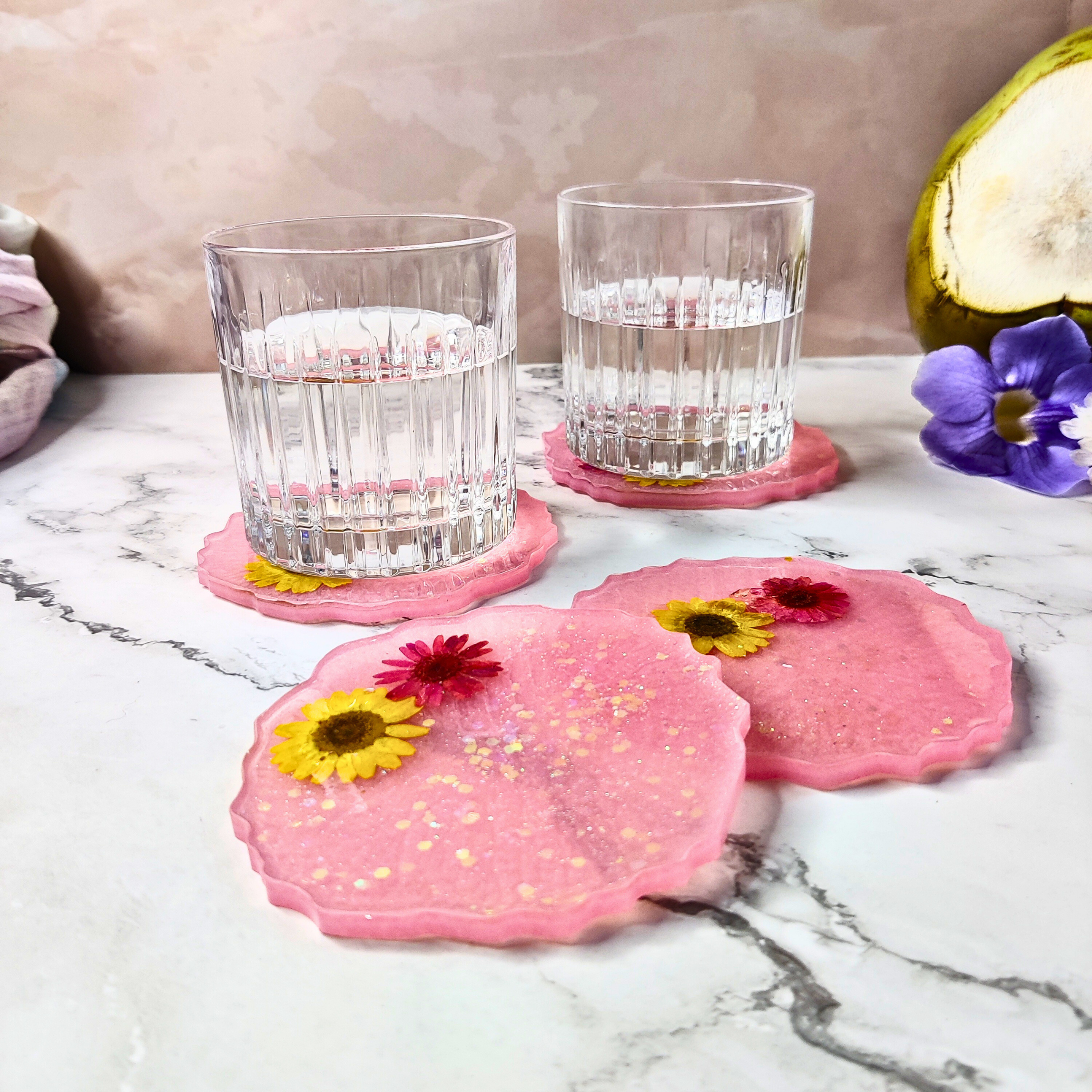 Real Dried Flower Resin Coaster with Gold Edge
