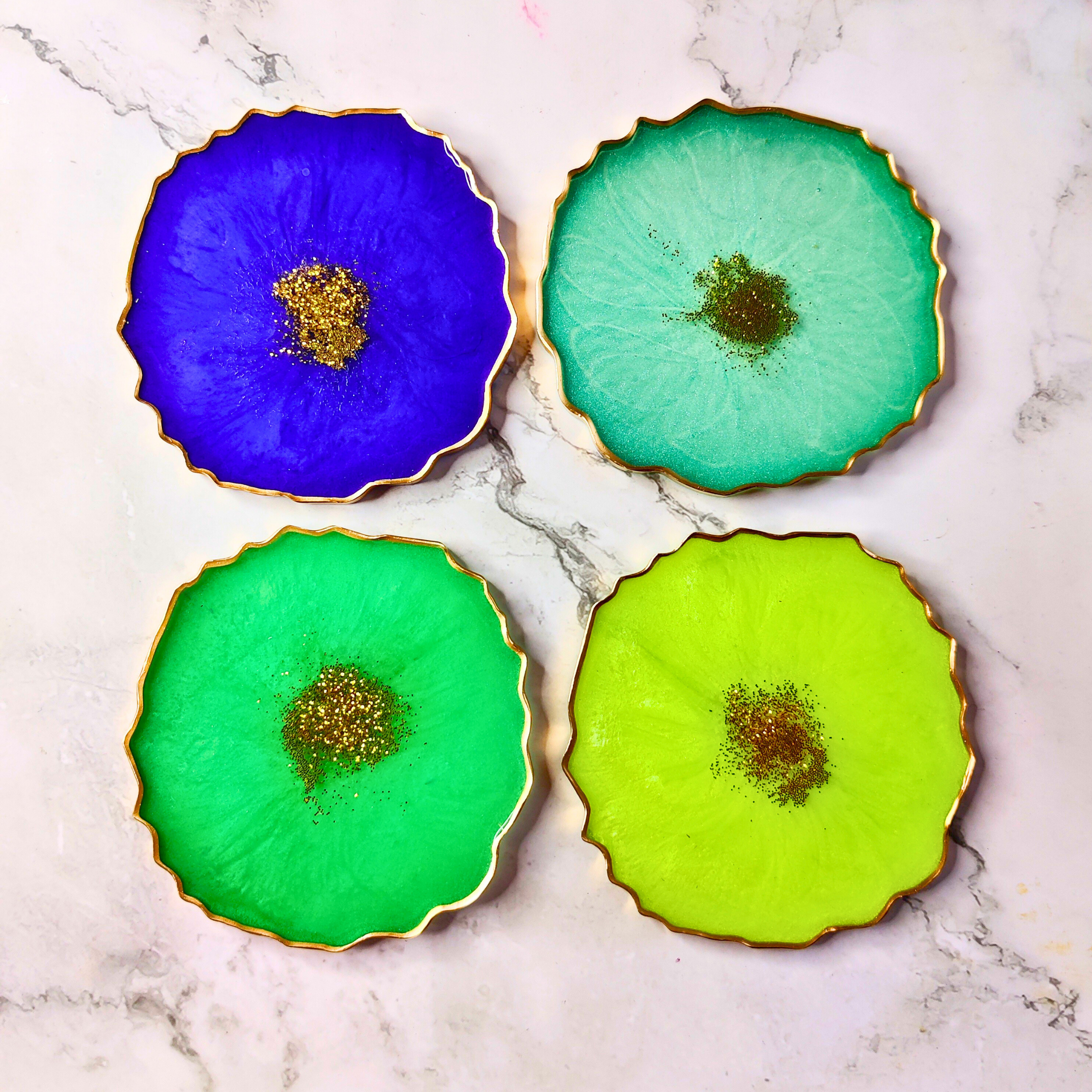 Set of 4 Jewel-Toned Geode Resin Coasters with Gold Glitter Center (Blue, Teal, Green)