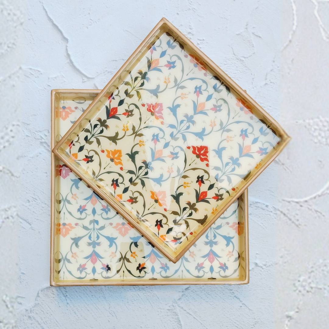 Premium Floral Square Serving Tray Set (Set of 2) | Decorative Multipurpose Trays with Gloss Finish | Tea, Snacks & Home Decor