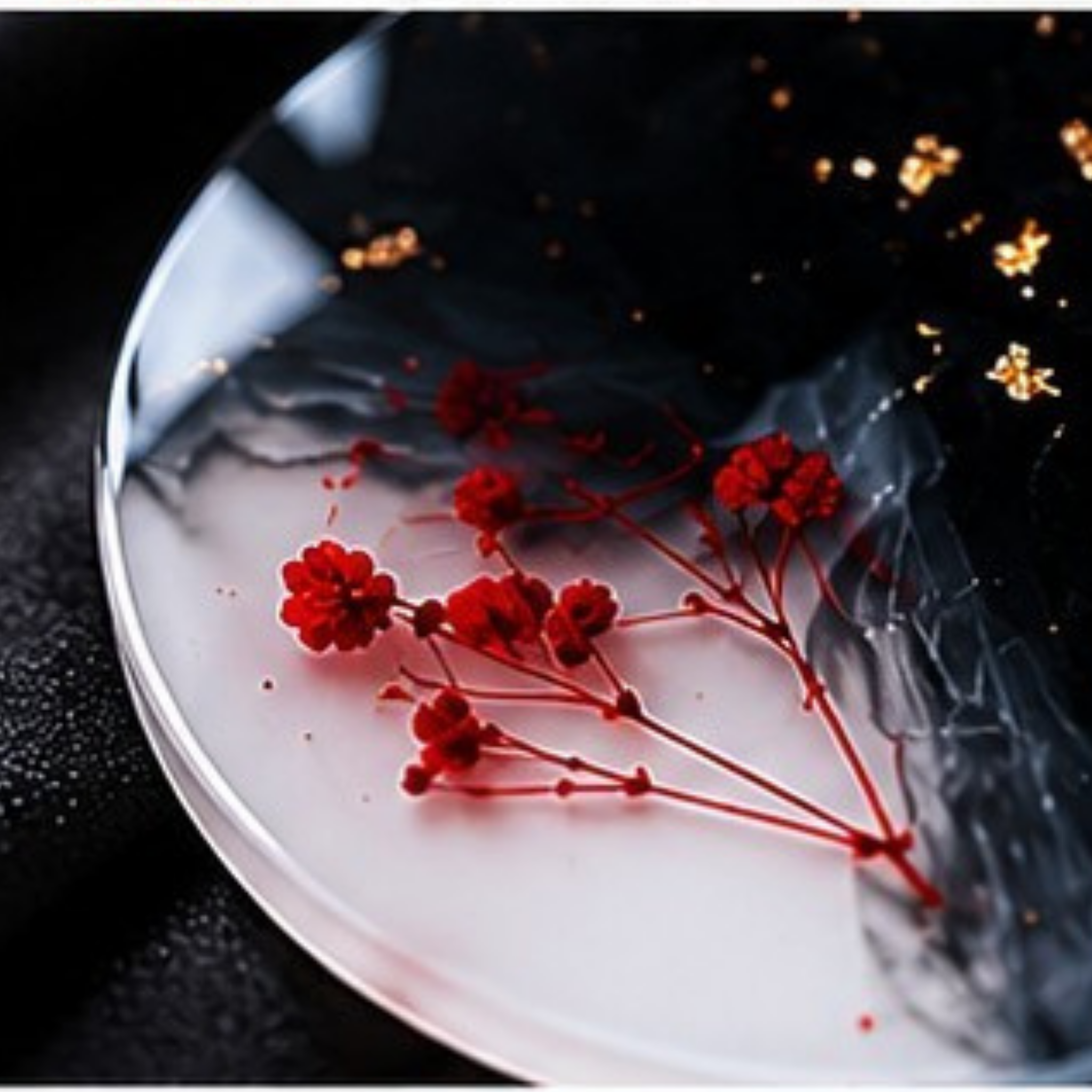 Handmade Resin Coaster Set of 4 | Black & White Abstract Coasters with Red Floral Design & Gold Foil Accents