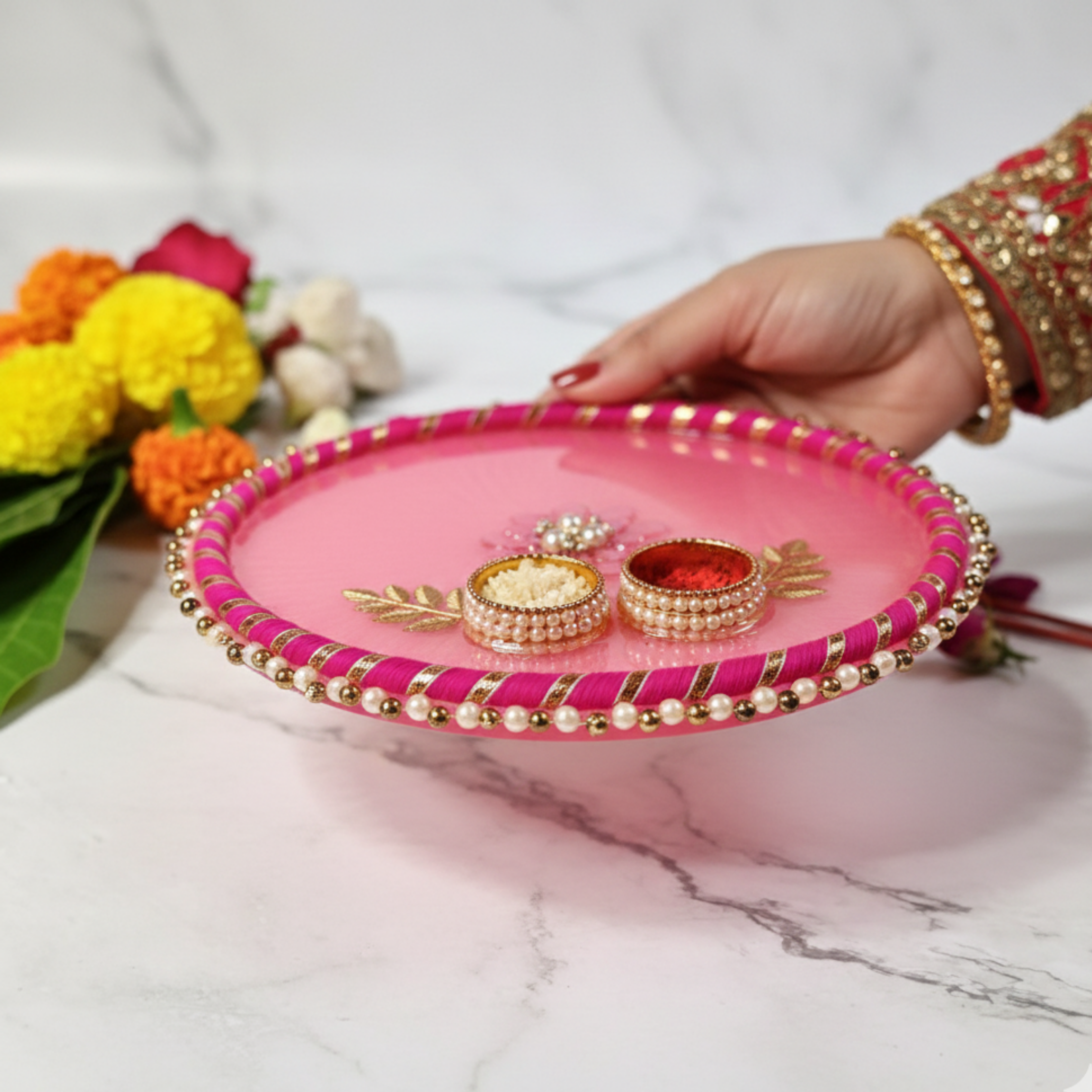 Handcrafted Pink Resin Devotional Thali