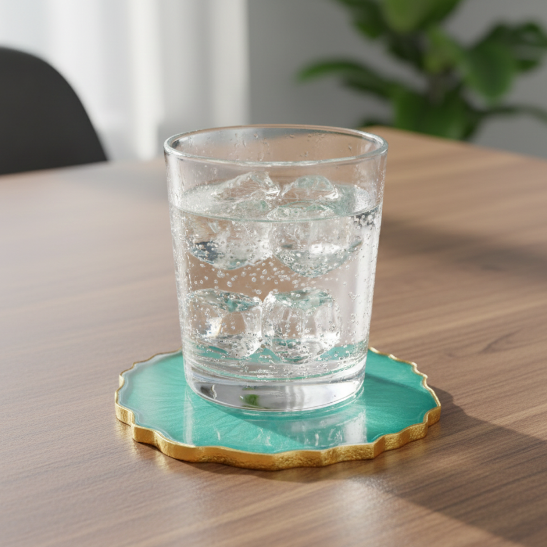 Set of 4 Jewel-Toned Geode Resin Coasters with Gold Glitter Center (Blue, Teal, Green)