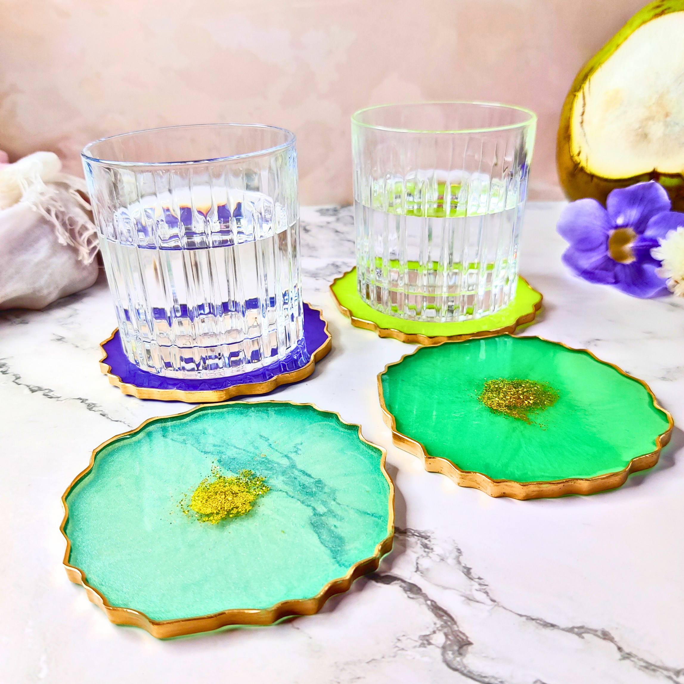 Set of 4 Jewel-Toned Geode Resin Coasters with Gold Glitter Center (Blue, Teal, Green)