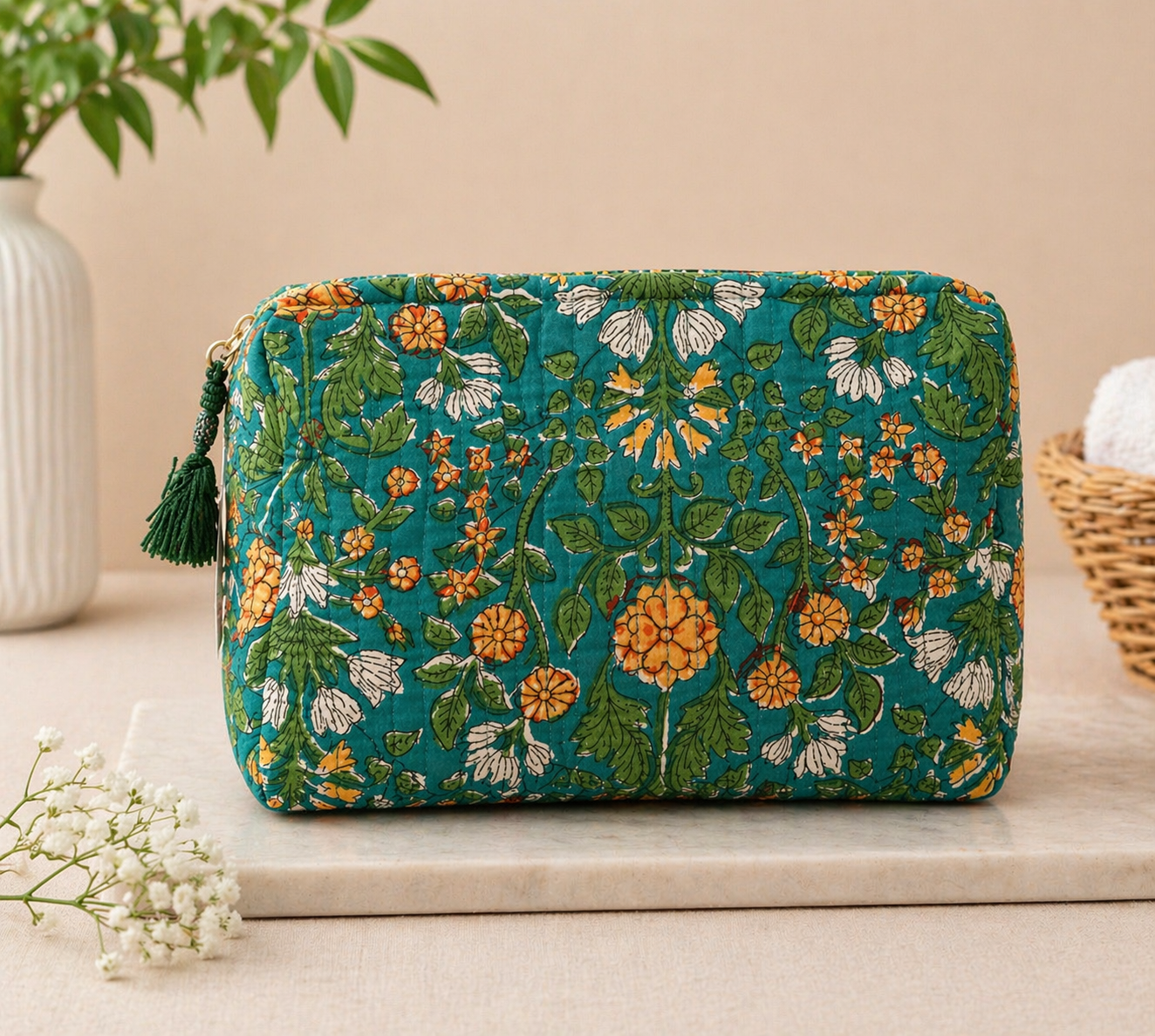 Set of 3 Quilted Cotton Makeup Pouches – Floral Print Travel Organizer Bags (Multi-Size)