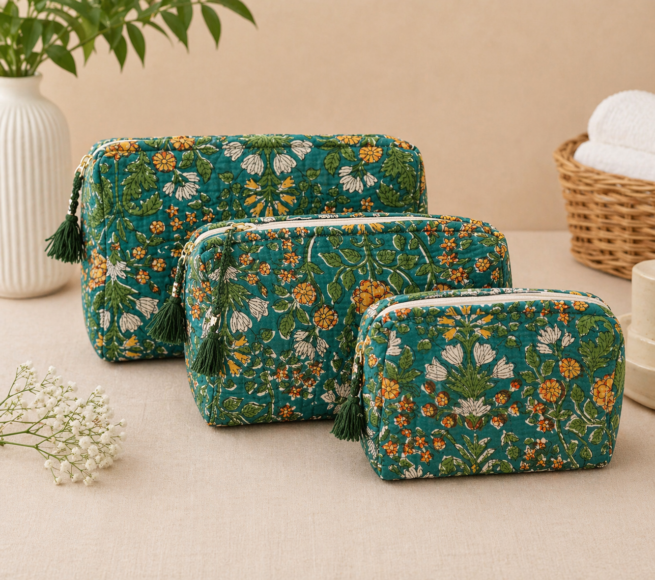 Set of 3 Quilted Cotton Makeup Pouches – Floral Print Travel Organizer Bags (Multi-Size)