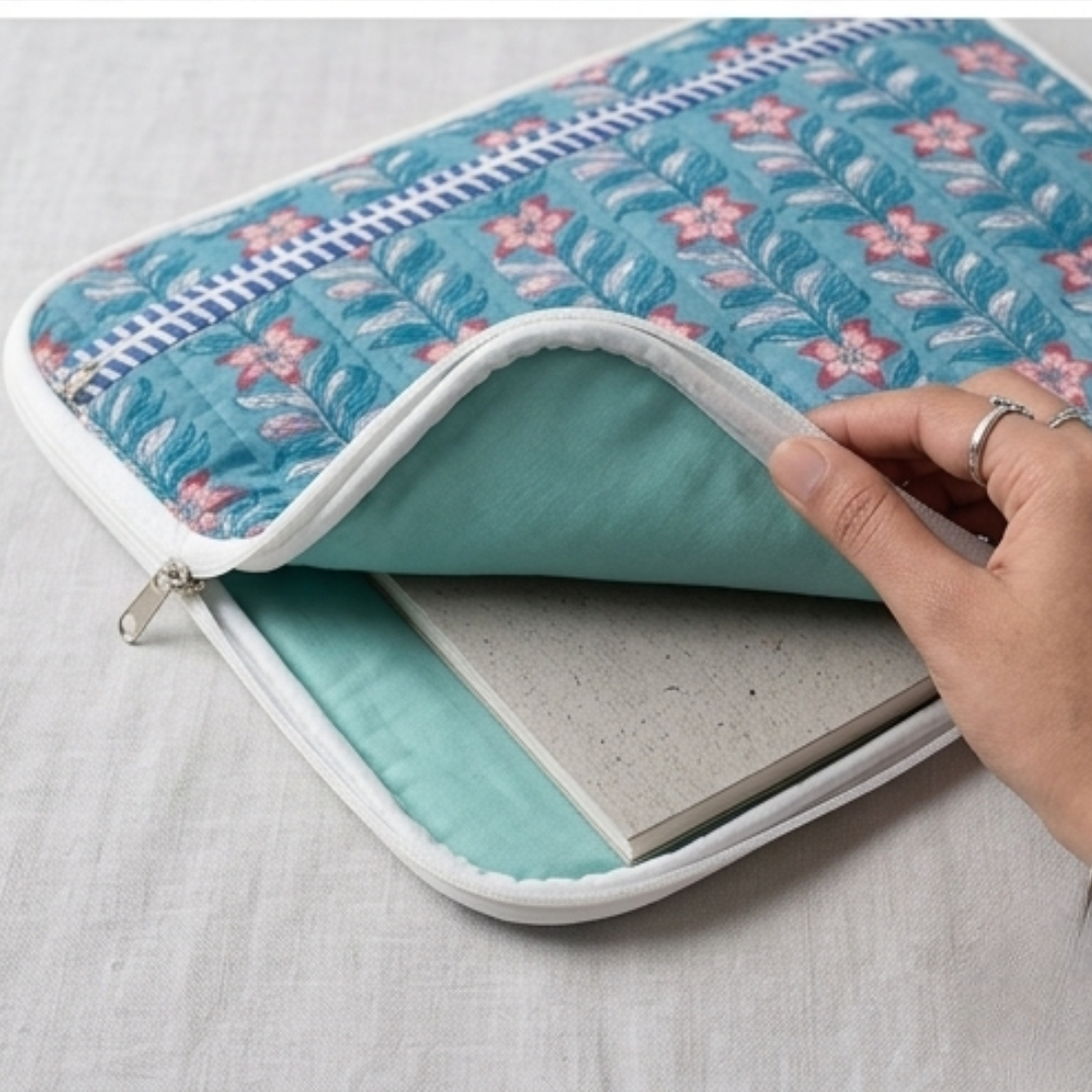 Indigo Floral Block-Print Quilted Laptop & Tablet Sleeve