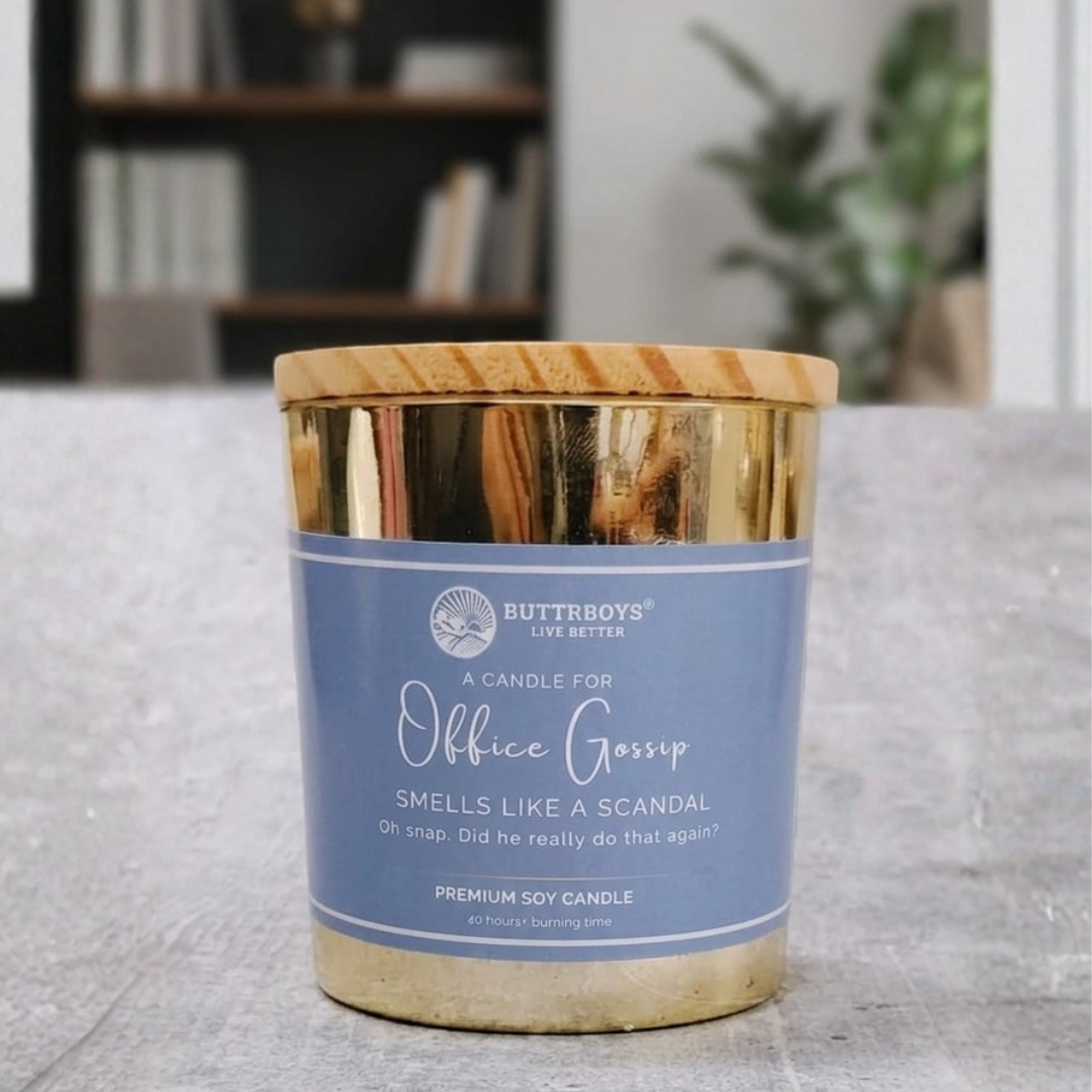 Luxury Soy Candle – Office Gossip | 40 Hour Burn | Premium Gold Jar with Wooden Lid | Fun Scented Candle for Gifting