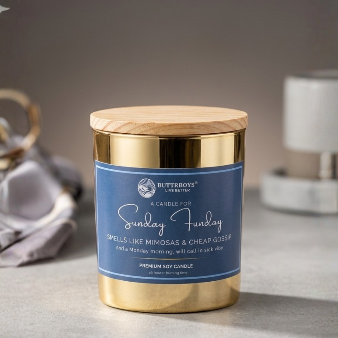 Luxury Soy Candle – Sunday Funday | 40 Hour Burn | Premium Gold Jar with Wooden Lid | Mimosa-Inspired Scented Candle
