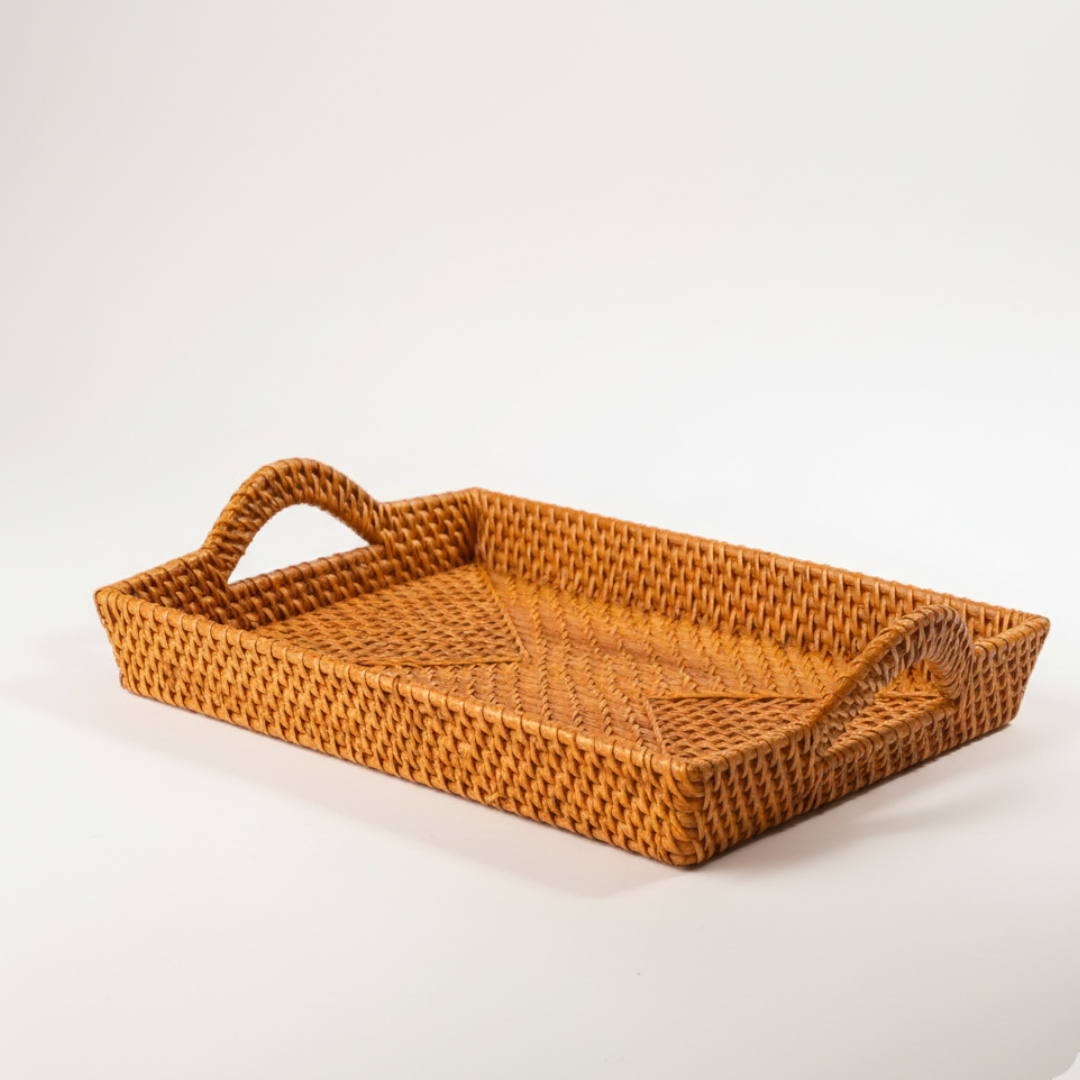 Handwoven Natural Rattan Rectangular Serving Tray with Handles