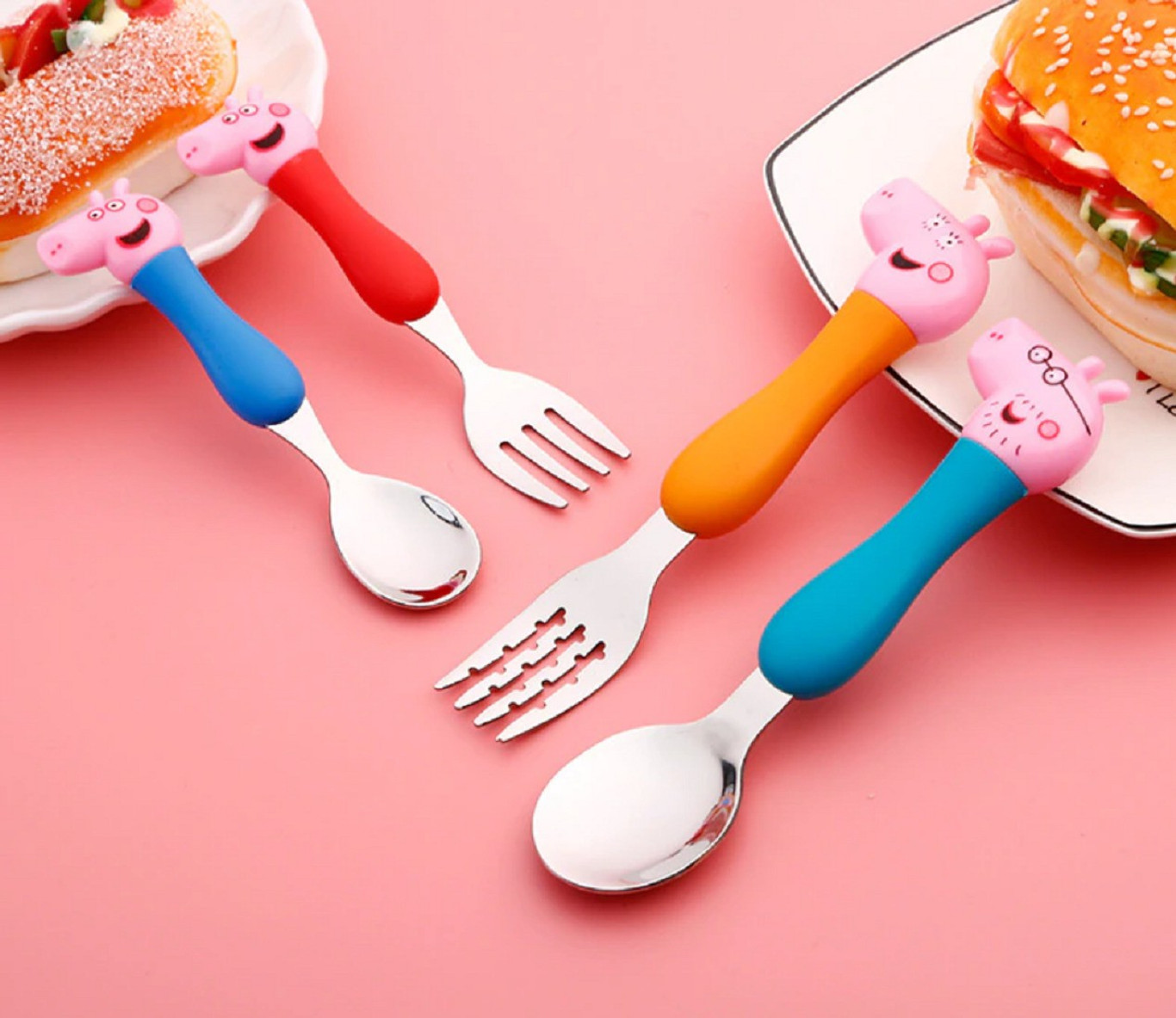 Cute Cartoon Fork and Spoon Set for Kids | Stainless Steel Spoon & Fork Set for Baby Stainless Steel, Plastic Cutlery Set