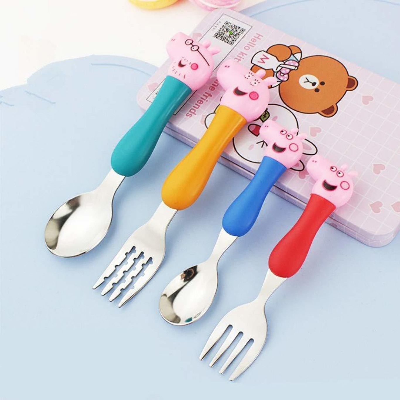 Cute Cartoon Fork and Spoon Set for Kids | Stainless Steel Spoon & Fork Set for Baby Stainless Steel, Plastic Cutlery Set