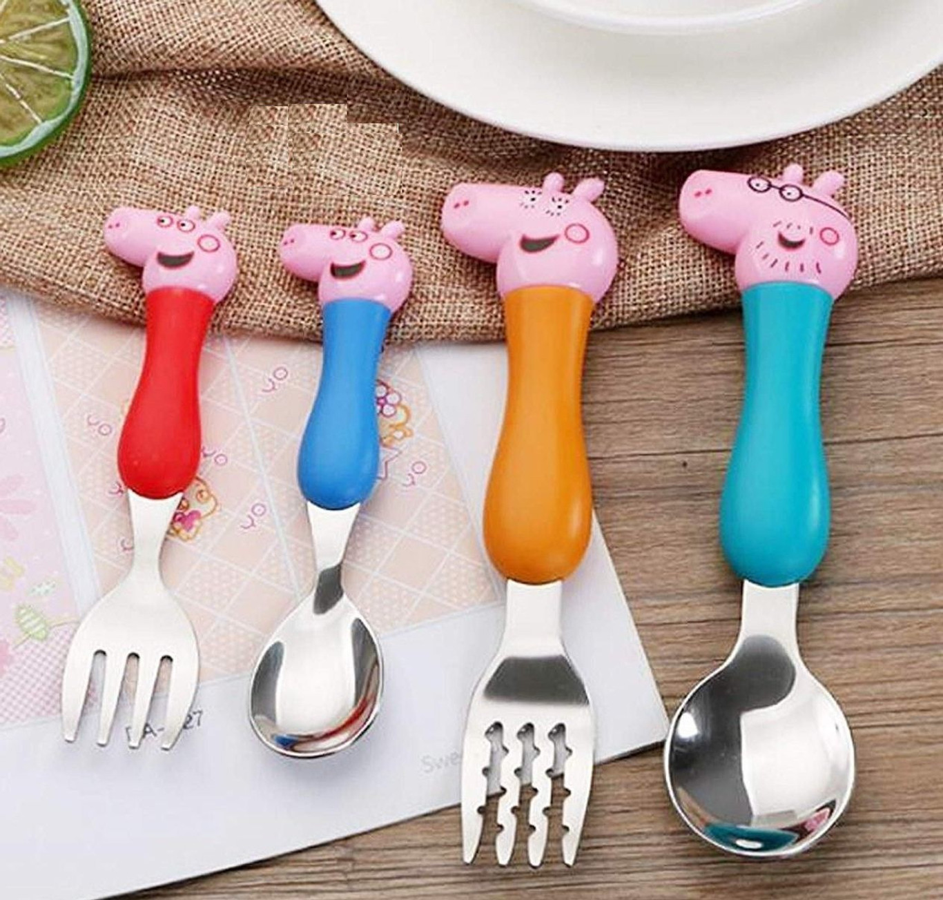 Cute Cartoon Fork and Spoon Set for Kids | Stainless Steel Spoon & Fork Set for Baby Stainless Steel, Plastic Cutlery Set