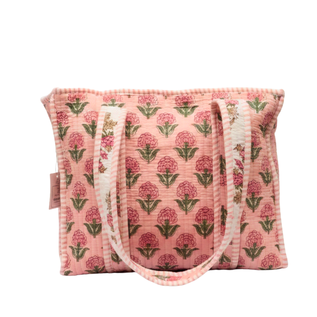 Quilted Pink Floral Cotton Airport Tote Bag