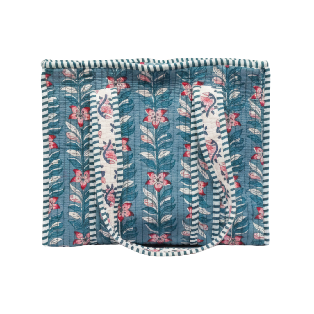 Quilted Floral Cotton Tote Bag – Blue Botanical Print